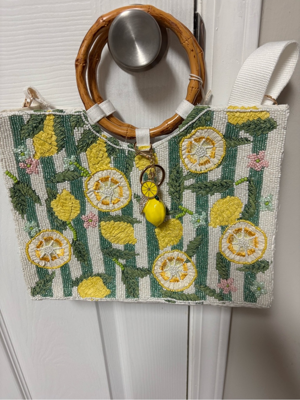 White Crossbody Bag with Embroidered Lemon Motif and Bamboo Handle